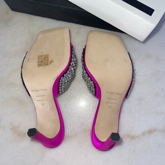Sergio Rossi 95mm Tyra Embellished Satin Mules in Fuchsia - Picture 9 of 10